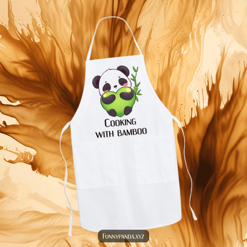 Funny kawaii panda hugging a giant bamboo heart, kitchen apron, cute, stylish, cooking accessory, perfect funny gift.