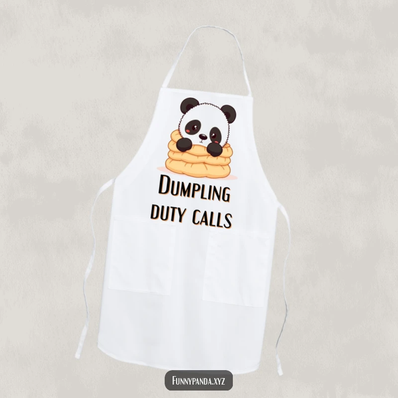Funny panda apron showing a curious panda peeking over a large stack of delicious dumplings, perfect for a humorous cooking experience.