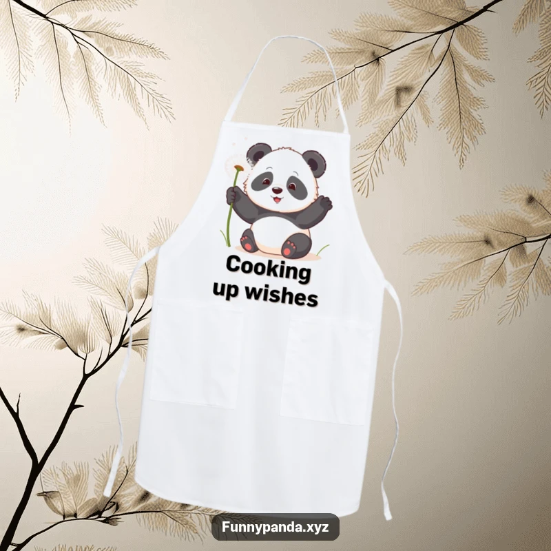 Delightful kawaii panda playfully swatting at floating, fluffy dandelion seeds, printed on a functional kitchen apron.
