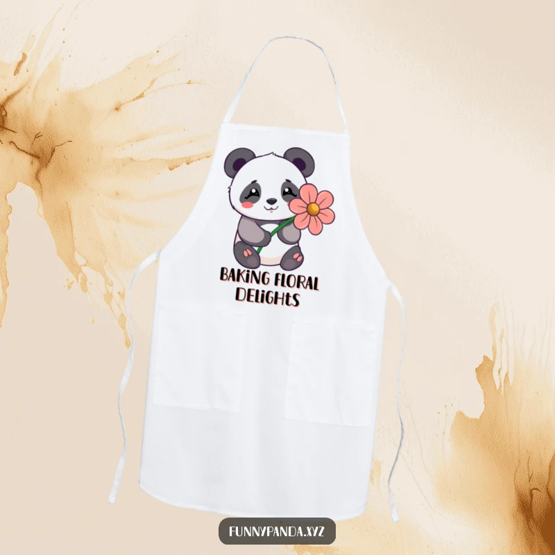 Shy kawaii panda offering a large stylized flower with a happy expression, printed on a functional kitchen apron.