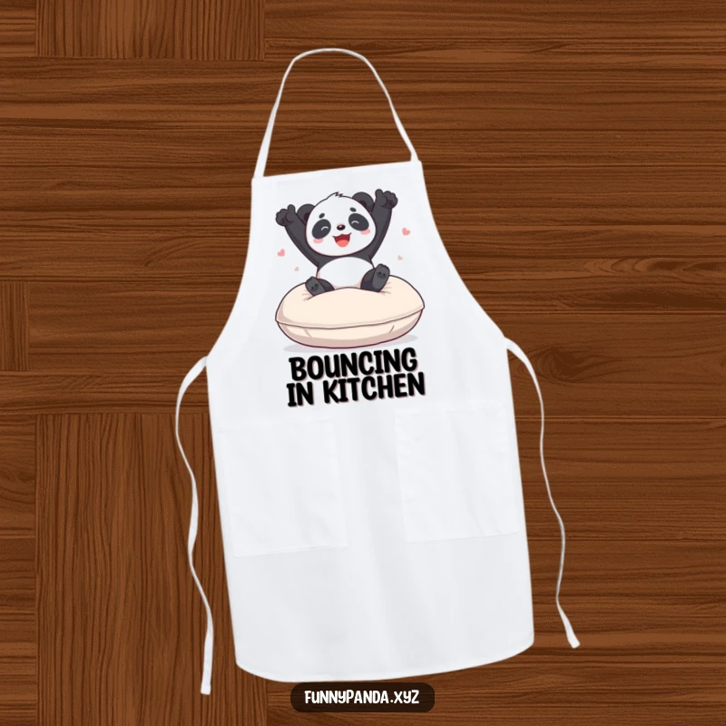 Funny panda apron showing a playful panda exuberantly bouncing on a giant soft cushion, perfect for a joyful cooking experience.