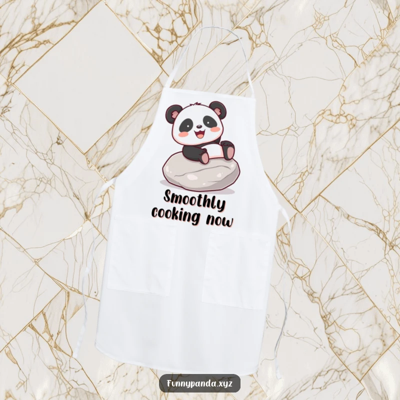 Funny kawaii panda gleefully sliding down a smooth, polished stone, printed on a functional kitchen apron.