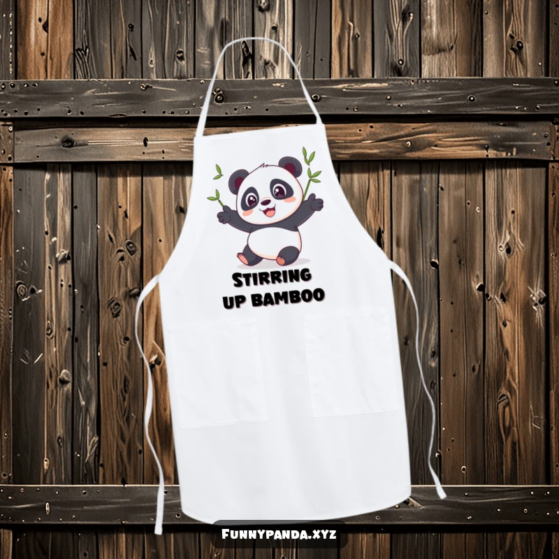 Funny panda apron showing a happy panda with wide eyes, juggling three colorful bamboo shoots, perfect for a humorous cooking experience.