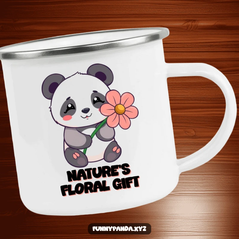 Shy kawaii panda offering a large stylized flower, printed on a sturdy camping mug.