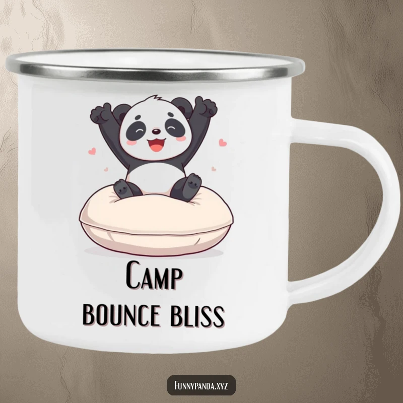 Funny panda camping mug featuring a playful panda bouncing with joy on a giant soft cushion, perfect for outdoor beverage enjoyment.