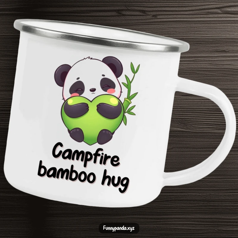 Funny kawaii panda hugging a giant bamboo heart, enamel camping mug, rugged, cute design, outdoor gear, funny gift.