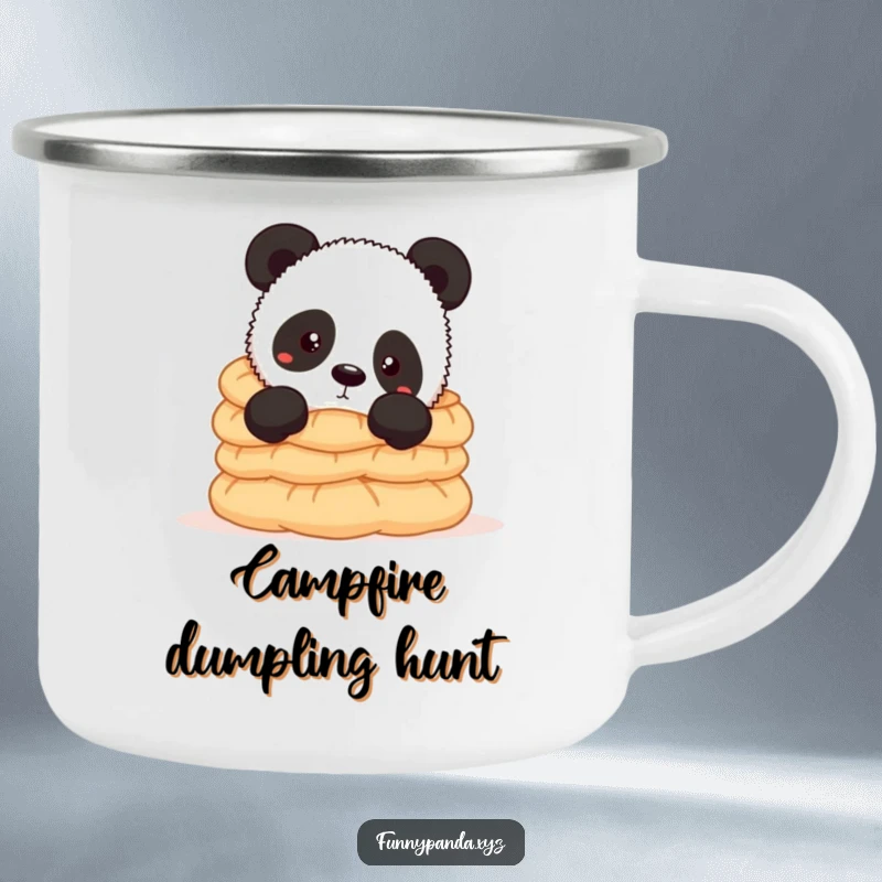 Funny panda camping mug featuring a curious panda peeking from behind a stack of dumplings, perfect for enjoying drinks outdoors humorously.