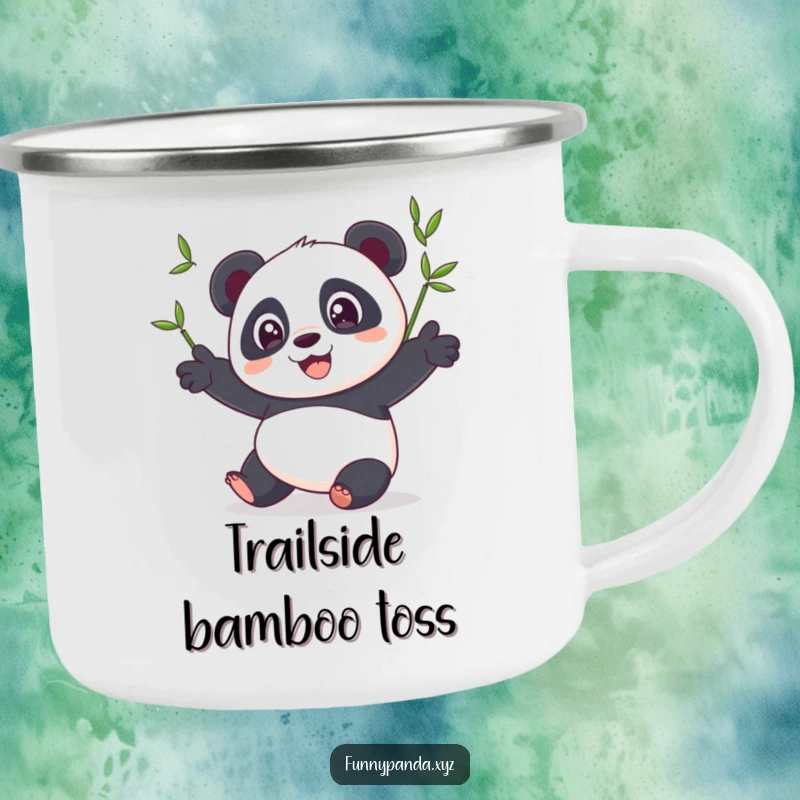 Funny panda camping mug featuring a happy panda with wide eyes, juggling three colorful bamboo shoots, perfect for campfire chats.