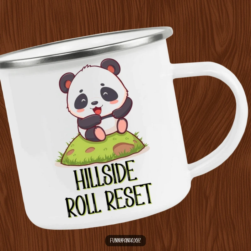 Funny chubby panda camping mug, enthusiastically rolling down a grassy hill, perfect for outdoor enthusiasts.