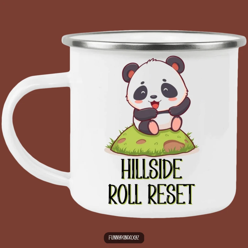 Funny Chubby Panda Camping Mug: Rolling Hill Adventure, Hilarious Outdoor Fun!