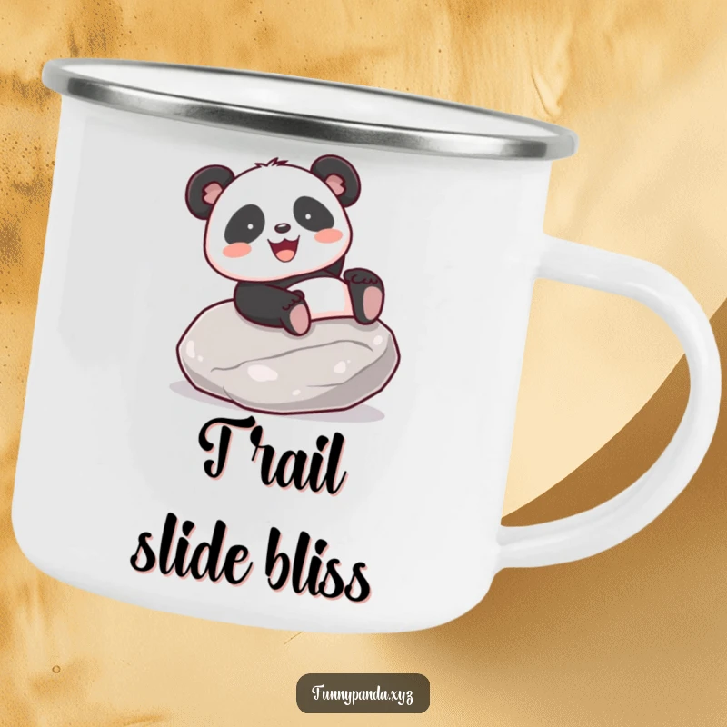 Funny kawaii panda gleefully sliding down a smooth stone, printed on a sturdy camping mug.