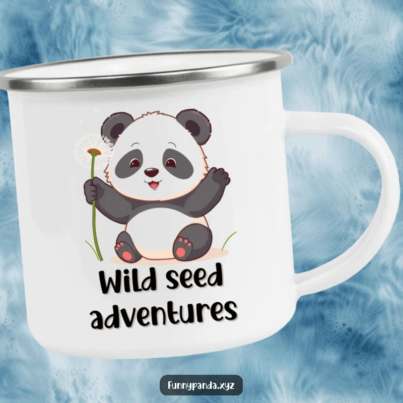 Delightful kawaii panda playfully swatting at fluffy dandelion seeds, printed on a sturdy camping mug.