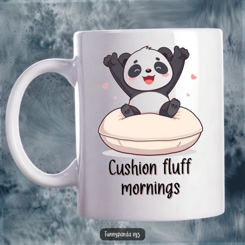 Funny panda mug featuring a playful panda joyfully bouncing high on a large, soft cushion, conveying pure delight and energy.