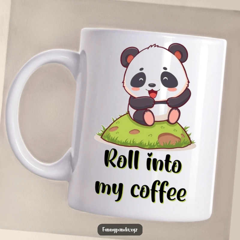 Funny chubby panda enthusiastically rolling down a small grassy hill on a mug, representing playful joy and humor.