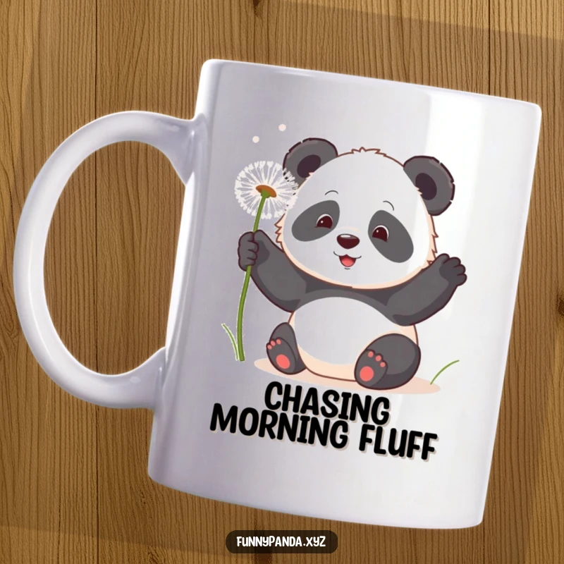 Funny kawaii panda playfully swatting at floating, fluffy dandelion seeds with a happy expression on a coffee mug.