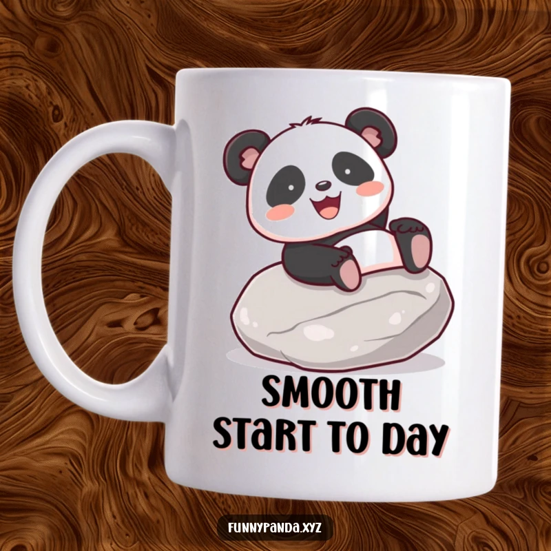 Funny kawaii panda with a gleeful expression joyfully sliding down a smooth, polished stone on a coffee mug.