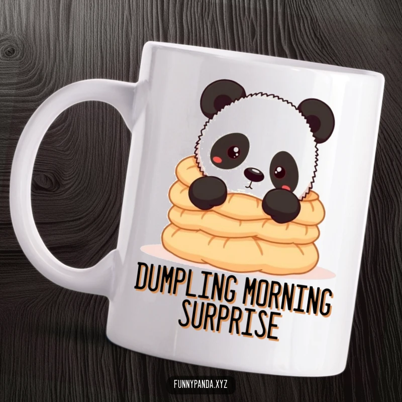 Funny panda mug featuring a curious panda peeking from behind a massive stack of delicious-looking dumplings, hinting at a secret snack.
