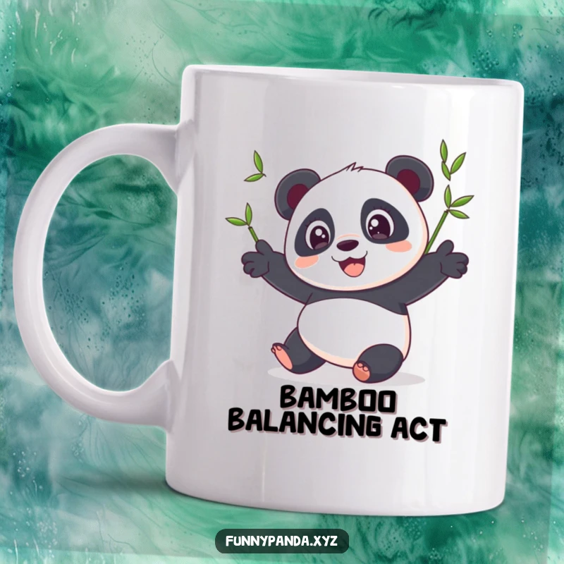 Funny panda mug with wide eyes, enthusiastically juggling three vibrant bamboo shoots, showcasing playful skill and joyful energy.