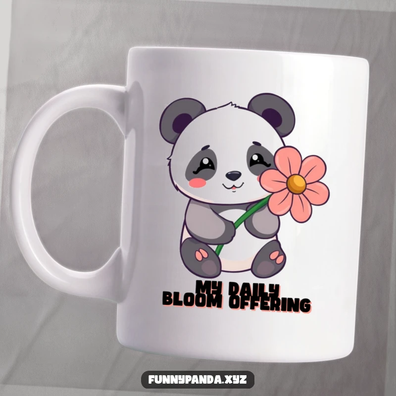 Funny kawaii panda with a shy yet happy expression offering a large, stylized flower on a charming coffee mug.