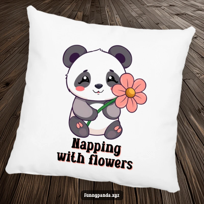 Shy kawaii panda offering a large stylized flower with a happy expression, featured on a soft, decorative pillow.