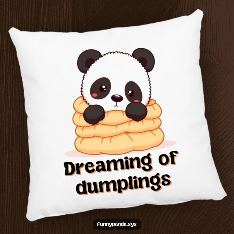Funny panda pillow featuring a curious panda peeking from behind a towering stack of dumplings, offering comfort and comical culinary appeal.