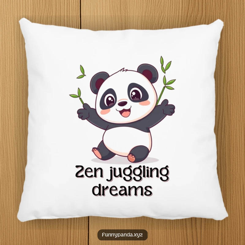 Funny panda pillow featuring a joyful panda with wide eyes, juggling three bright bamboo shoots, offering both comfort and comical charm.