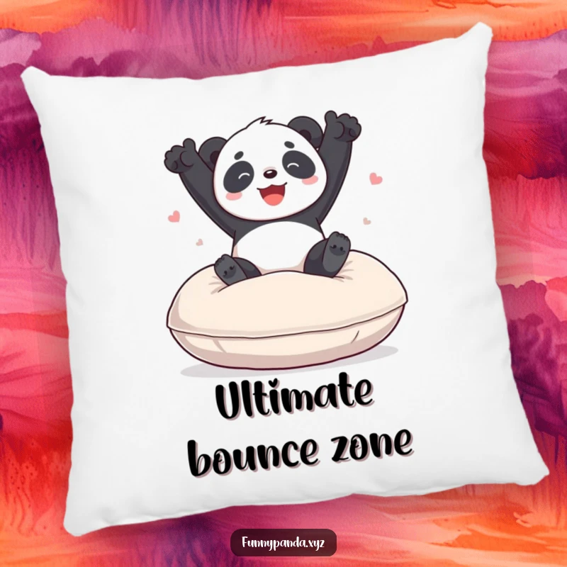Funny panda pillow featuring a joyful panda bouncing energetically on a large, soft cushion, providing comfort and comical charm.