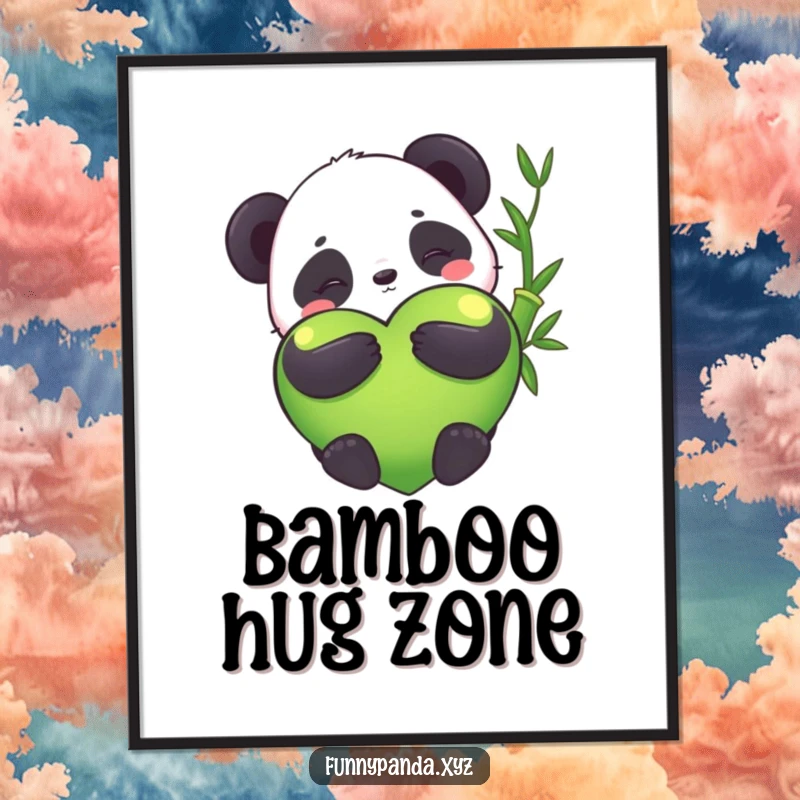 Funny kawaii panda hugging a giant bamboo heart, digital art print, cute illustration, printable wall art, funny gift.