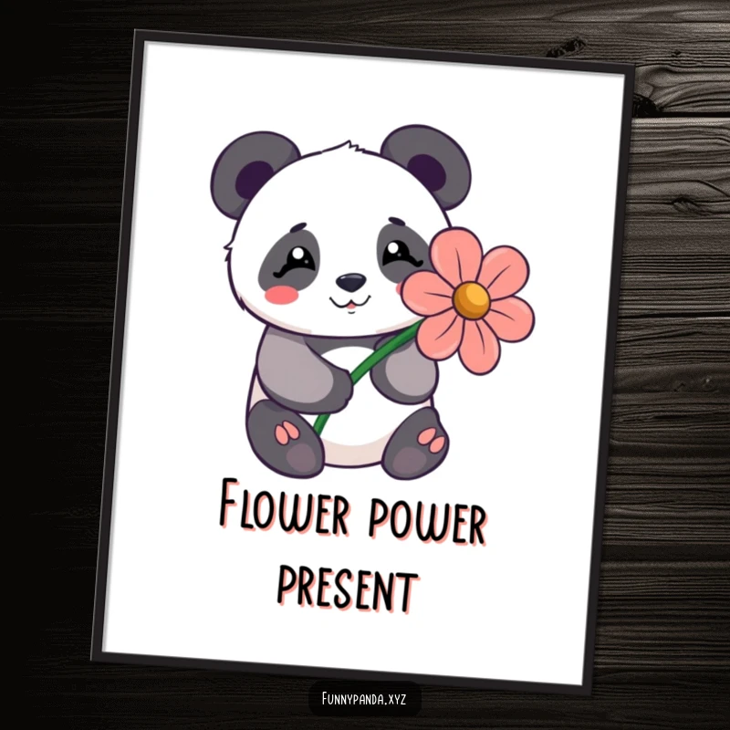 Shy kawaii panda offering a large stylized flower with a happy expression, a sweet digital art print.