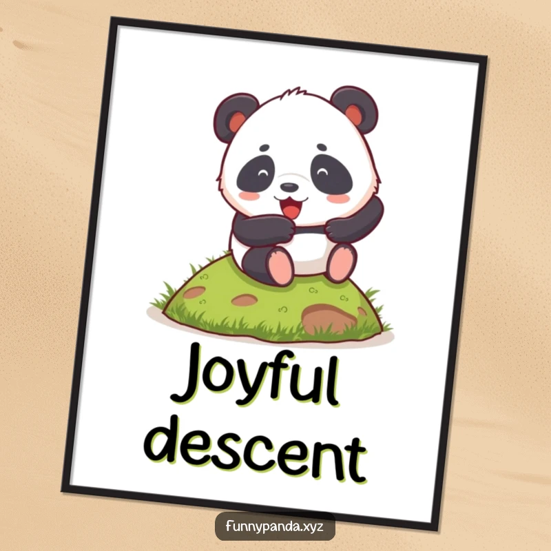 Funny chubby panda digital art print, of a panda enthusiastically rolling down a grassy hill, downloadable art.