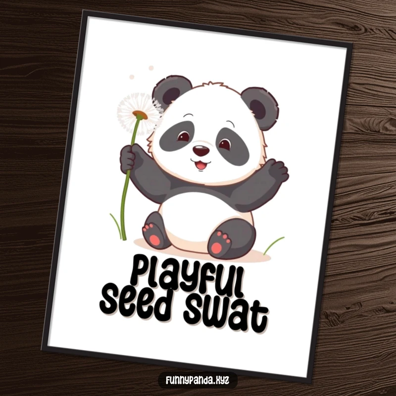 Delightful kawaii panda playfully swatting at floating, fluffy dandelion seeds, a whimsical digital art print.