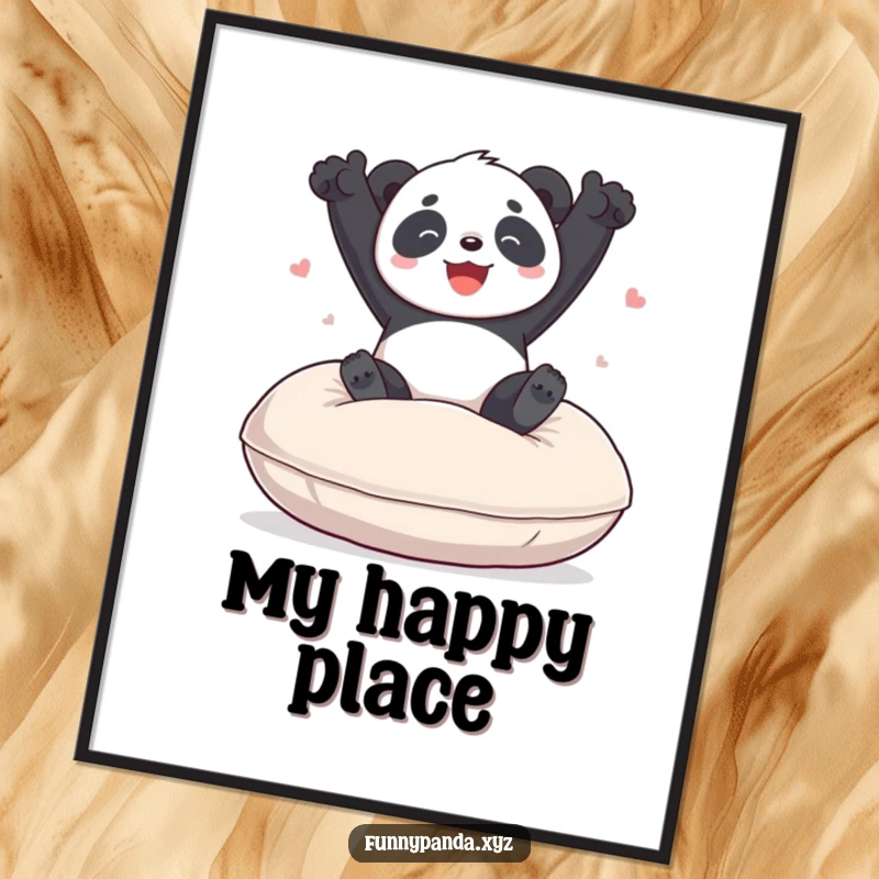 Funny panda digital art print of a playful panda bouncing with joy on a giant soft cushion, perfect for whimsical wall decor.
