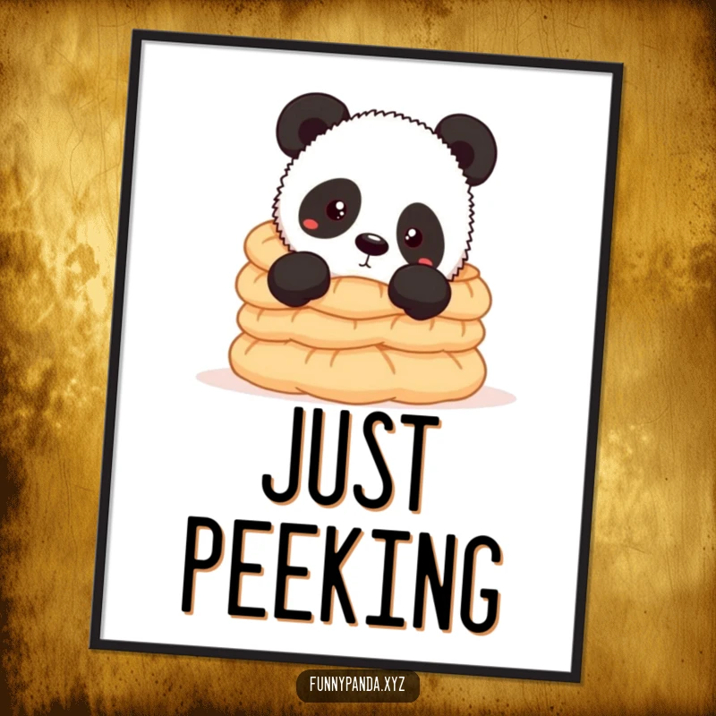 Funny panda digital art print of a curious panda peeking over a stack of delicious dumplings, perfect for whimsical foodie wall decor.
