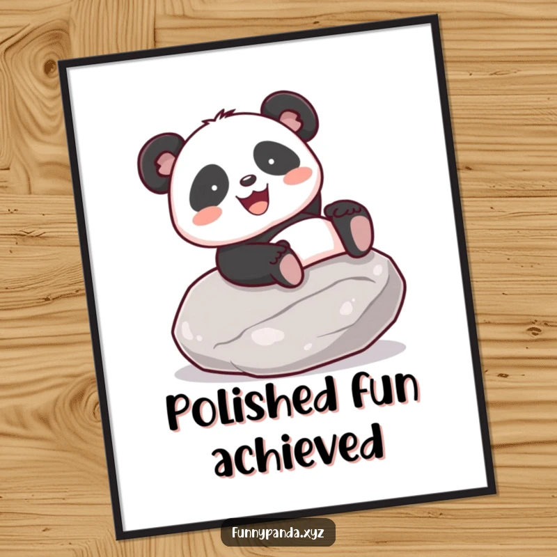 Funny kawaii panda gleefully sliding down a smooth, polished stone, a joyful digital art print.
