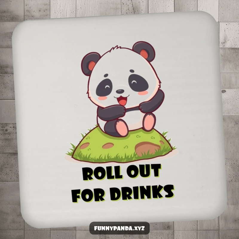 Funny chubby panda coaster, enthusiastically rolling down a grassy hill, protecting surfaces with humor.