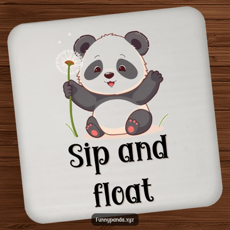 Delightful kawaii panda playfully swatting at fluffy dandelion seeds, depicted on protective drink coasters.