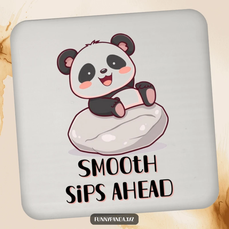 Funny kawaii panda gleefully sliding down a smooth stone, depicted on protective drink coasters.