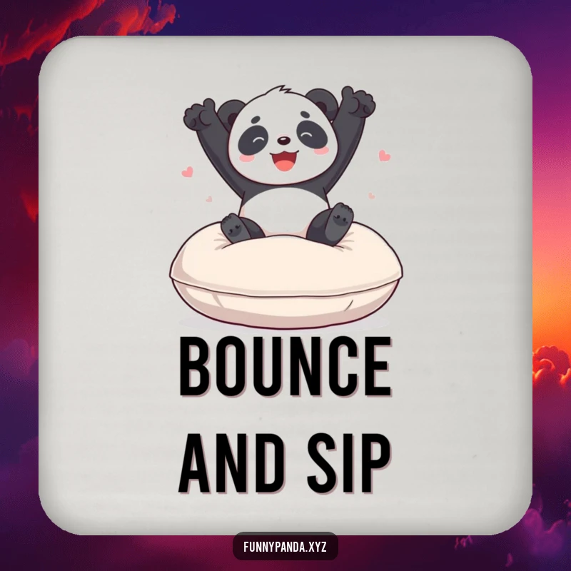 Funny panda coaster showing a playful panda gleefully bouncing on a large, soft cushion, protecting surfaces with humorous charm.