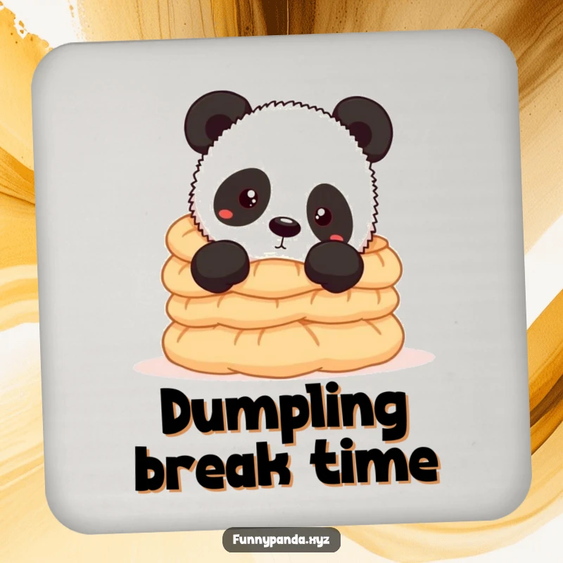 Funny panda coaster showing a curious panda peeking over a pile of dumplings, protecting surfaces with humorous culinary appeal.