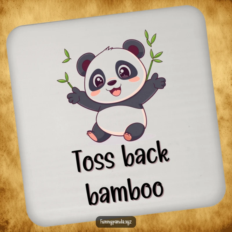 Funny panda coaster showing a happy panda with wide eyes, juggling three bright bamboo shoots, protecting surfaces with humorous flair.