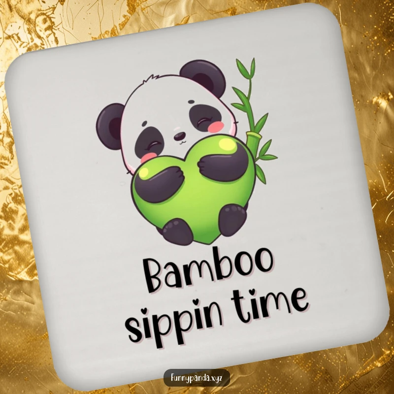 Funny kawaii panda hugging a giant bamboo heart, absorbent coasters, cute home decor, party accessory, funny gift.