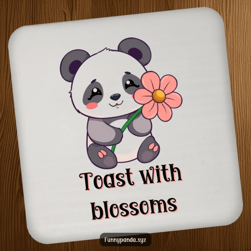 Shy kawaii panda offering a large stylized flower with a happy expression, depicted on protective drink coasters.