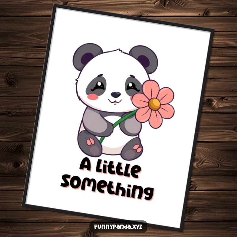 Funny kawaii panda shyly offering a large stylized flower with a happy expression, presented as a charming art poster.