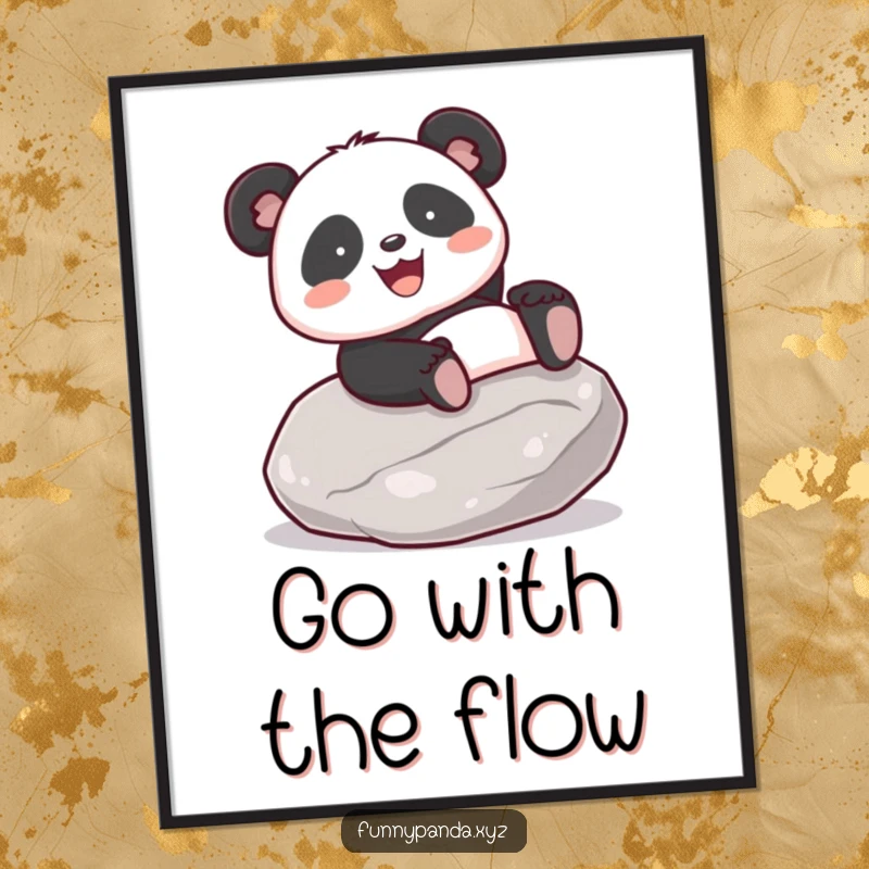 Funny kawaii panda with a gleeful expression sliding down a smooth, polished stone, presented as a vibrant art poster.