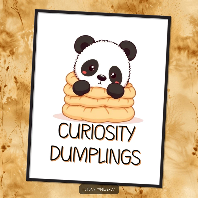 Funny panda poster of a curious panda peeking over a mountain of delicious dumplings, inviting viewers to share the humorous feast.