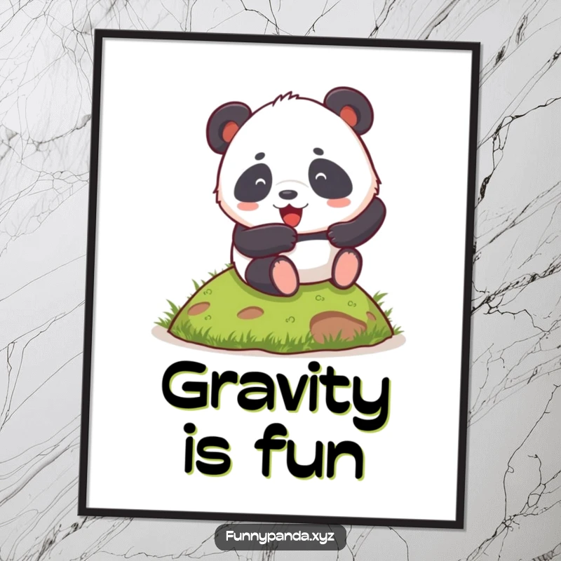 Funny chubby panda poster with a panda enthusiastically rolling down a small grassy hill, for humorous wall decor.