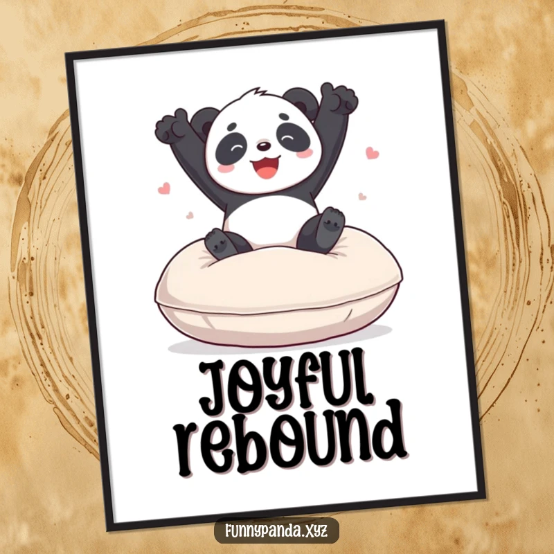 Funny panda poster of a playful panda bouncing high with joy on a giant, soft cushion, creating a scene of whimsical fun.