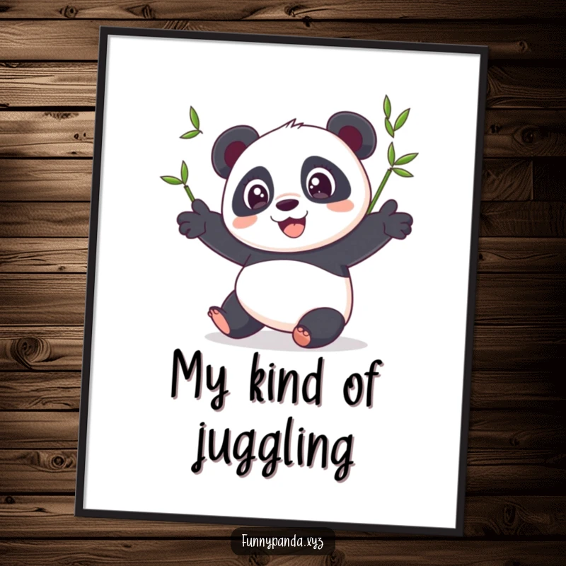 Funny panda poster displaying a happy, wide-eyed panda skillfully juggling three colorful bamboo stalks, adding a humorous touch to decor.