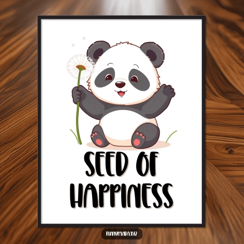 Funny kawaii panda playfully swatting at floating, fluffy dandelion seeds, presented as a charming art poster.