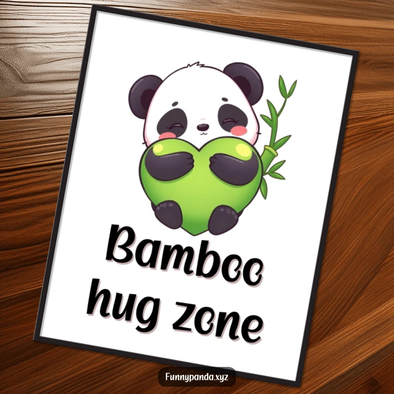 Funny kawaii panda hugging a giant bamboo heart, decorative poster, cute art, vibrant colors, charming wall decor, funny gift.